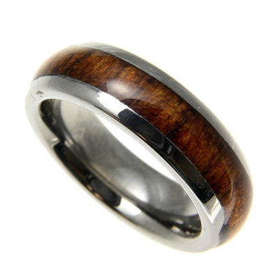 Renee Tungsten Band Ring Comfort Fit Dome Style Genuine Inlay Hawaiian Koa Wood - 6mm