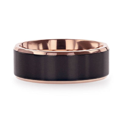 Rose Gold Plated Black Titanium Flat Brushed Center Men’s Wedding Ring - 8mm