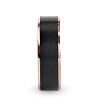 Rose Gold Plated Black Titanium Flat Brushed Center Men’s Wedding Ring - 8mm