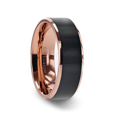 Rose Gold Plated Black Titanium Flat Brushed Center Men’s Wedding Ring - 8mm