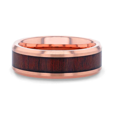 Rose Gold Plated Koa Wood Tungsten Men’s Wedding Band Beveled Edges - 8mm