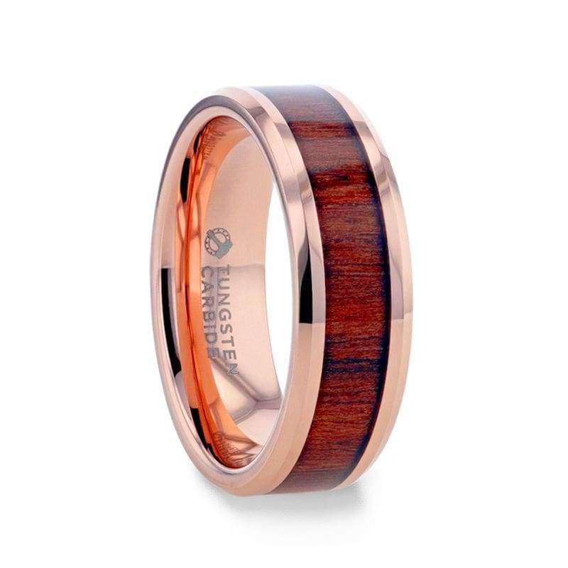 Rose Gold Plated Koa Wood Tungsten Men’s Wedding Band Beveled Edges - 8mm