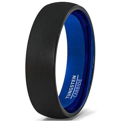 Round Black Tungsten Ring With Brushed Center & Deep Inside Blue IP - 6mm