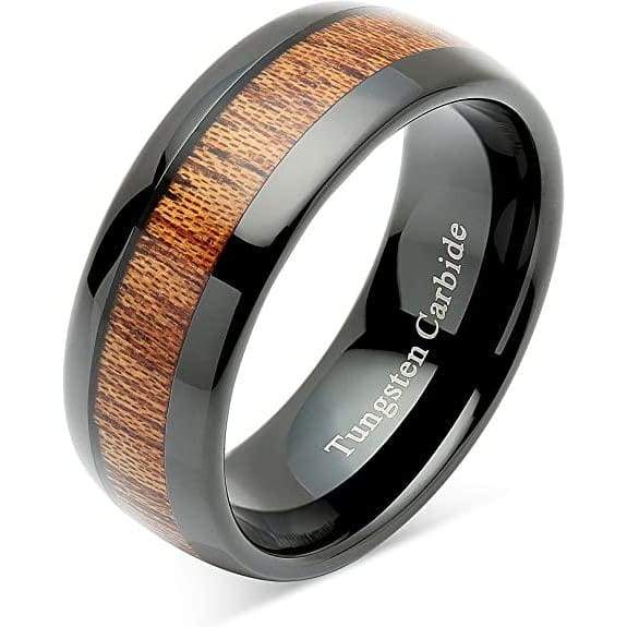 Saugus Black Tungsten Koa Wood Wedding Band with Beveled Edges - 8mm