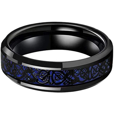 Sidney Beveled Black Tungsten Carbide Ring Blue Celtic Dragon Design - 6mm