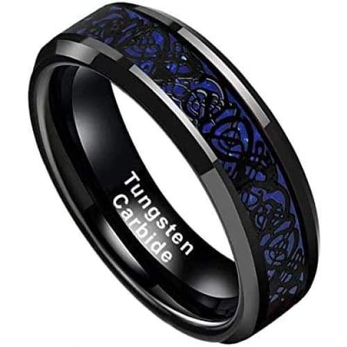 Sidney Beveled Black Tungsten Carbide Ring Blue Celtic Dragon Design - 6mm