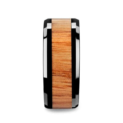 Texas Beveled Black Ceramic Wedding Band With Real Red Oak Wood Inlay 6mm-10mm