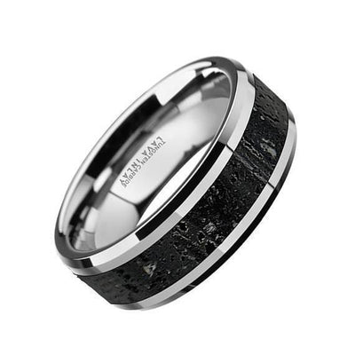 Theo Men’s Domed Tungsten Black & Grey Lava Rock Stone Wedding Band - 8mm