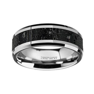 Theo Men’s Domed Tungsten Black & Grey Lava Rock Stone Wedding Band - 8mm