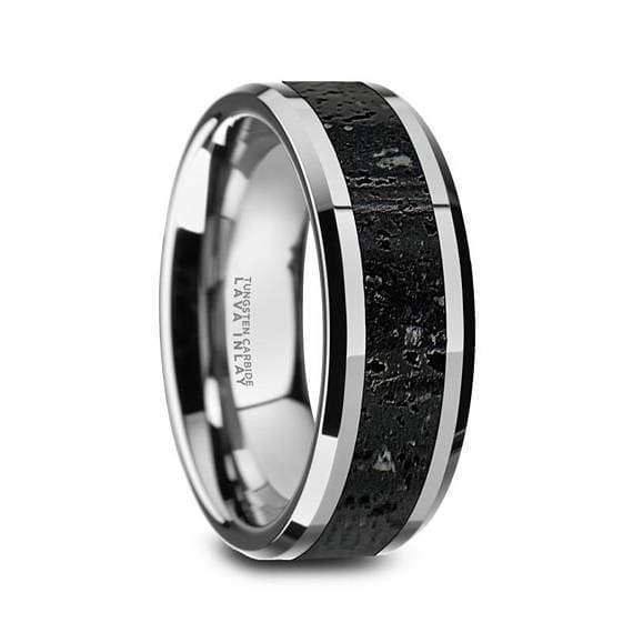 Theo Men’s Domed Tungsten Black & Grey Lava Rock Stone Wedding Band - 8mm