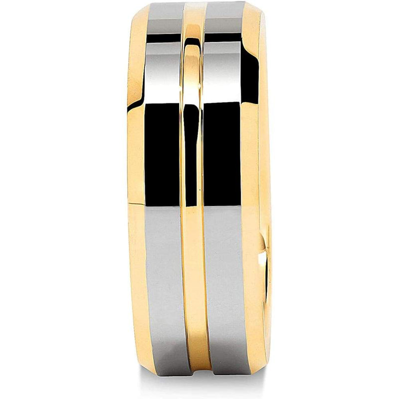 Trenton Yellow Gold Inlaid Grooved Center Gunmetal Tungsten Carbide Ring - 8mm