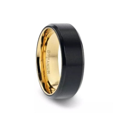 TUCSON Flat Black Titanium Men’s Wedding Ring Yellow Gold Inlaid Inside - 8mm