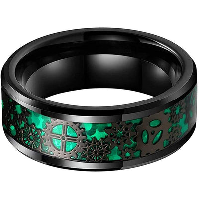 TULSA Mens Steampunk Gear Wheel Green Carbon Fiber Inlaid Tungsten Ring - 8mm