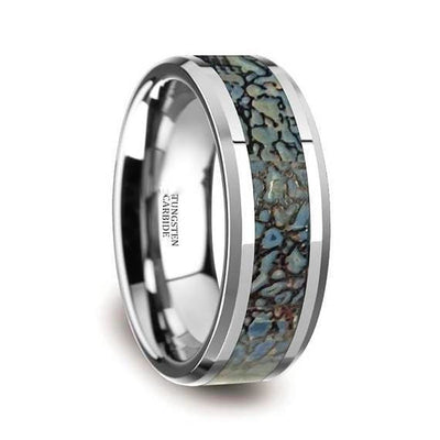 Tungsten Dinosaur Bone Wedding Ring Blue Inlay Beveled Edges 4mm & 8mm