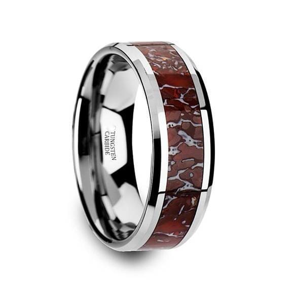 Tungsten Dinosaur Bone Wedding Ring Red Inlay Beveled Edges 8mm