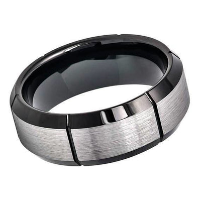 Tungsten Ring W/ Brushed Center Multiple Vertical Grooves & Black IP Beveled Edge - 8mm