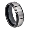 Tungsten Ring W/ Brushed Center Multiple Vertical Grooves & Black IP Beveled Edge - 8mm