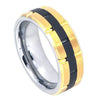 Tungsten Ring With Grooved Yellow Gold IP Sides and Black Center - 8mm