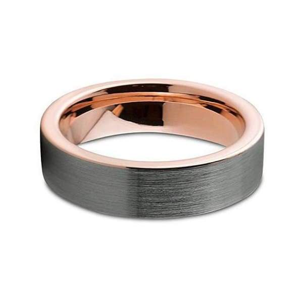 Tungsten Wedding Band With 18K Rose Gold Inlay Pipe Cut Brushed & Polished - 6mm