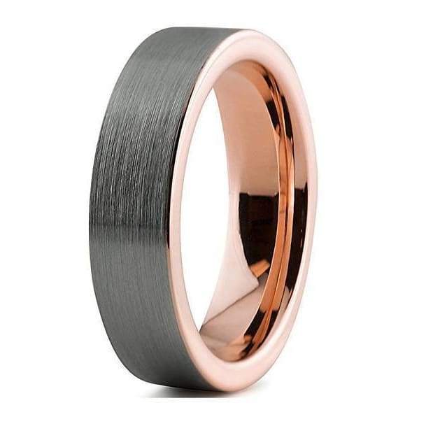 Tungsten Wedding Band With 18K Rose Gold Inlay Pipe Cut Brushed & Polished - 6mm