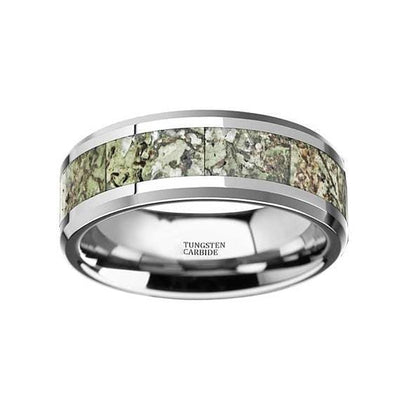 Tungsten Wedding Ring Light Green Dinosaur Bone Inlay Beveled Polished Finish - 8mm