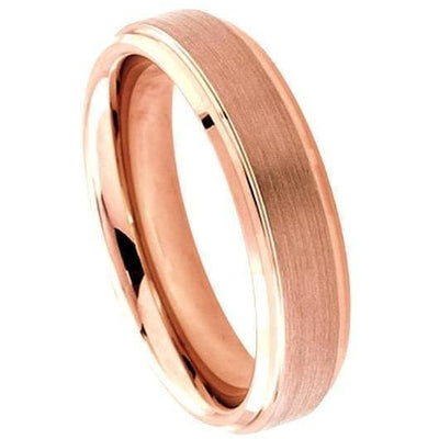 Tungsten Wedding Ring With Rose Gold Inlaid Brushed Center & Stepped Edges - 6mm