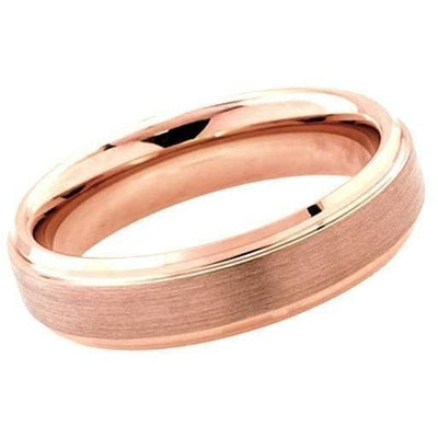 Tungsten Wedding Ring With Rose Gold Inlaid Brushed Center & Stepped Edges - 6mm