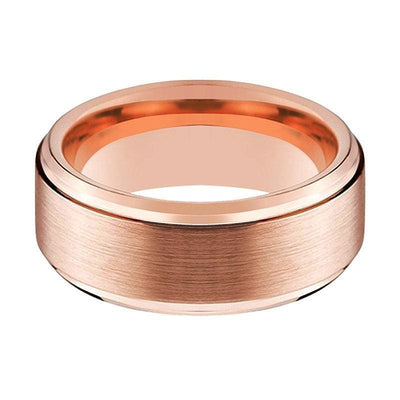 Tungsten Wedding Ring With Rose Gold Inlaid Brushed Center & Stepped Edges - 6mm