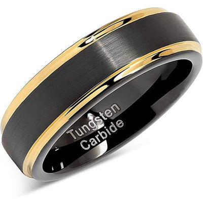 Tupelo Black Tungsten Ring with Yellow Gold Plated Step Edges - 6mm