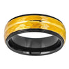 Two-Tone Hammered Finish Tungsten Ring Ywllow Gold IP Inlaid Grooved Center - 8mm