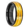 Two-Tone Hammered Finish Tungsten Ring Ywllow Gold IP Inlaid Grooved Center - 8mm