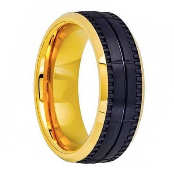 Two-Tone Tungsten Ring Yellow Gold Plated & Black Outside Brushed Grooved - 8mm