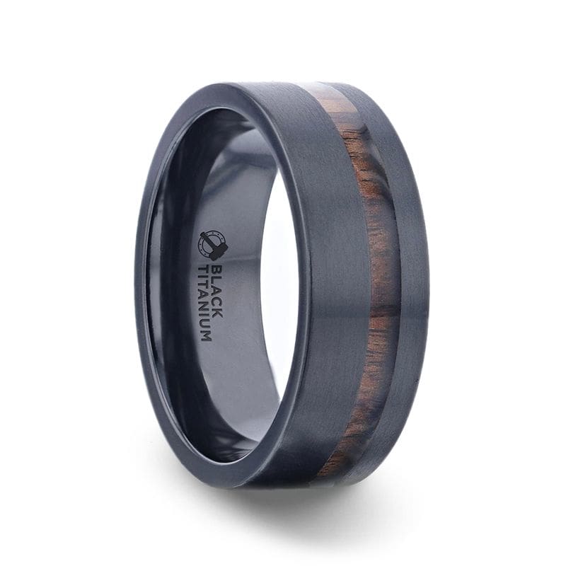 VALDEZ Koa Wood Inlaid Flat Black Titanium Men’s Band With Polished Finish 8mm