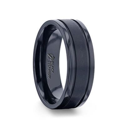 VULCAN Black Titanium Men’s Wedding Band Polished Dual Offset Grooves 8mm