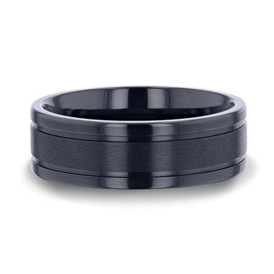 VULCAN Black Titanium Men’s Wedding Band Polished Dual Offset Grooves 8mm