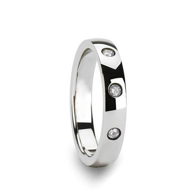 White Diamond Silver Tungsten Wedding Band with 3 Diamonds - 4mm