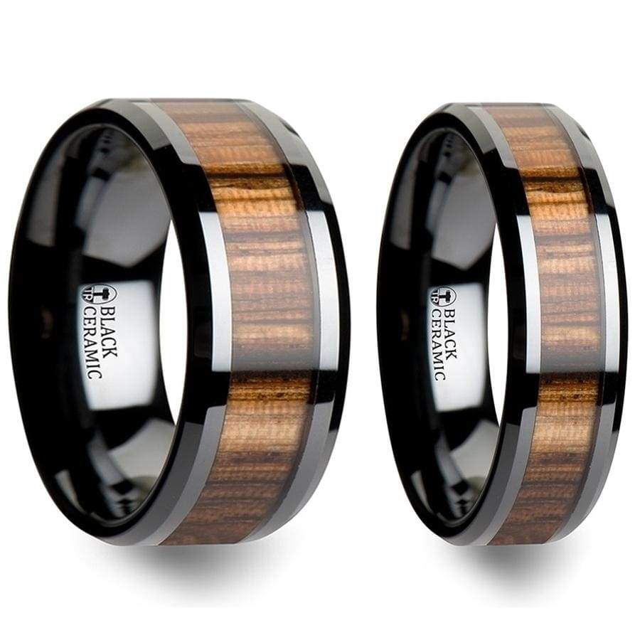 Yachelle Black Ceramic Wedding Band Set With Real Zebra Wood Inlay - 4mm - 10mm