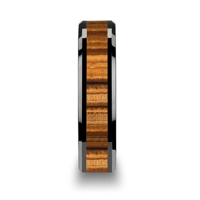 Yachelle Black Ceramic Wedding Band Set With Real Zebra Wood Inlay - 4mm - 10mm