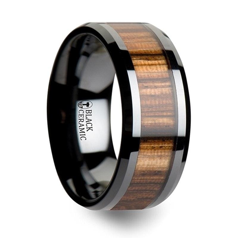 Yachelle Black Ceramic Wedding Band Set With Real Zebra Wood Inlay - 4mm - 10mm