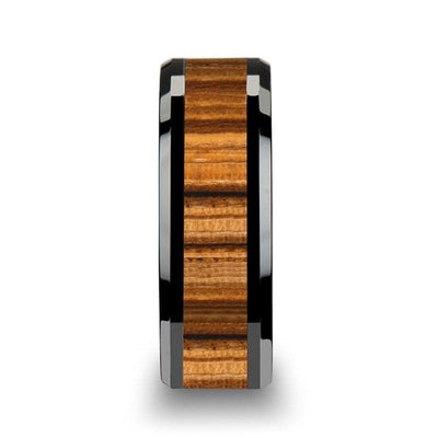 Yachelle Black Ceramic Wedding Band Set With Real Zebra Wood Inlay - 4mm - 10mm