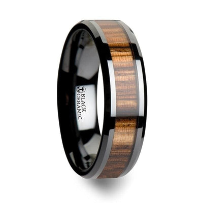 Yachelle Black Ceramic Wedding Band Set With Real Zebra Wood Inlay - 4mm - 10mm