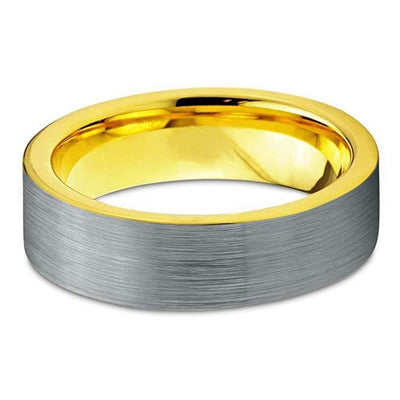 Yellow Gold Plated Tungsten Ring Flat Cut Comfort Fit and Brushed Finish - 6mm