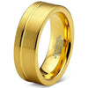 Yellow Gold Plated Tungsten Wedding Band Flat Cut With Grooved Center - 6mm