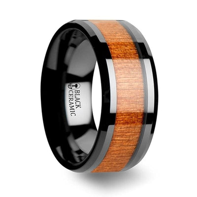 Zaire Black Ceramic Wedding Band Set With Cherry Wood Inlaid - 6mm - 10mm