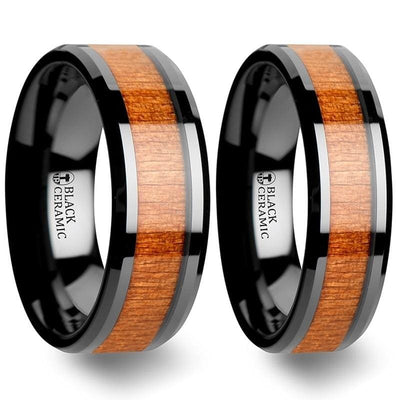 Zaire Black Ceramic Wedding Band Set With Cherry Wood Inlaid - 6mm - 10mm