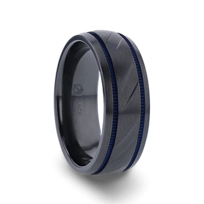 ZION Black Titanium Diagonal Pattern Wedding Ring Blue Milgrain Grooves – 8mm